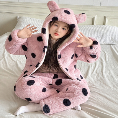 女童家居服2025冬季新款三层夹棉加厚女孩保暖睡衣中大童加绒套装