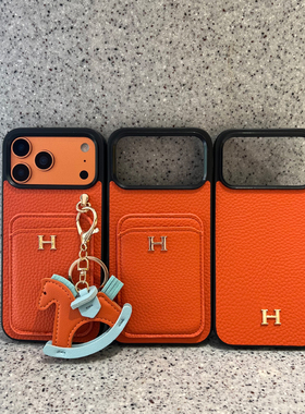 潮牌H木马挂件插卡包皮质iPhone17promax手机壳16马年17Air适用15pro高级感14情侣款13pro零钱包12橙色xsmax