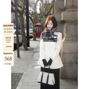 吃绿色菜【古堡少女 圣诞新品】千金感条纹蝴蝶结双面呢大衣外套