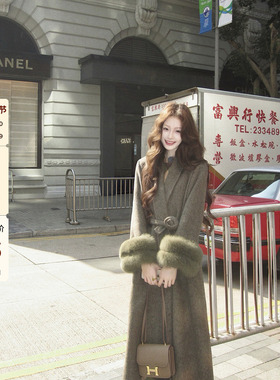 吃绿色菜【暮冬】复古真狐狸毛袖圈70羊毛中长款双面呢大衣外套女