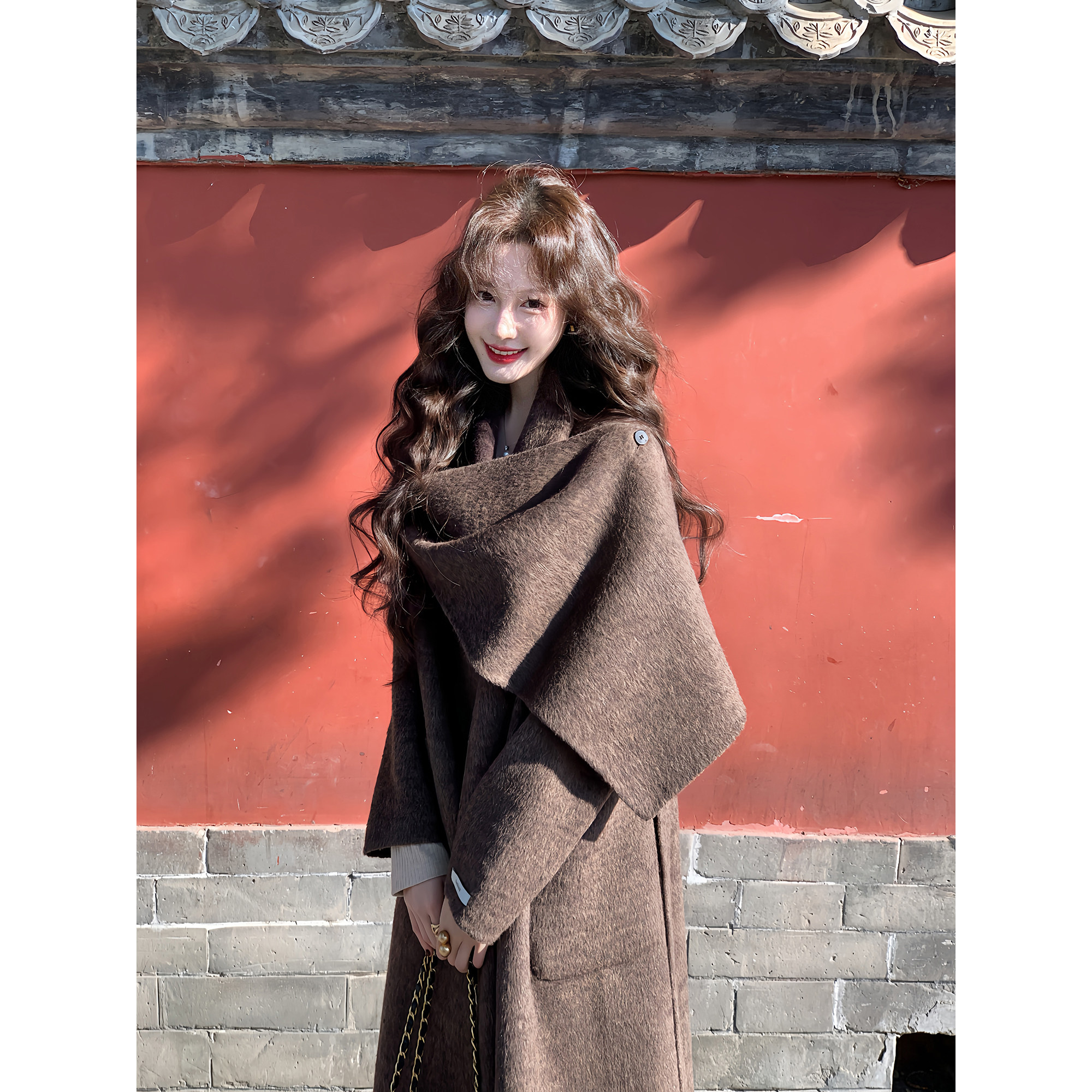 吃绿色菜【檀香木】时髦大披肩长款羊毛双面呢大衣咖色冬季女外套