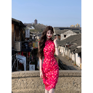 修身 明艳亮色印花中长款 气质连衣裙旗袍 虞娇