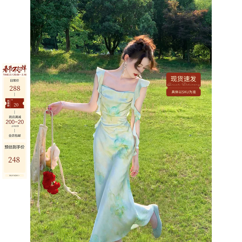 吃绿色菜【玫瑰氧气】法式度假风荡领连衣裙女夏季缎面设计感裙子