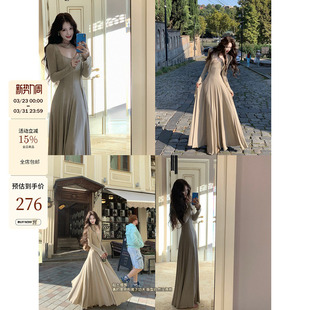 连衣裙 芭蕾风艺术大裙摆方领系带针织收腰长袖 吃绿色菜 秋漫醺