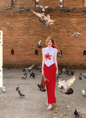 吃绿色菜【红蕊】新中式du家手绘红色印花气质显白T恤半裙套装