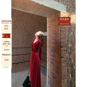 30券【雾蔓玫瑰】复古红可拆卸玫瑰针织连衣裙女春季新中式红裙
