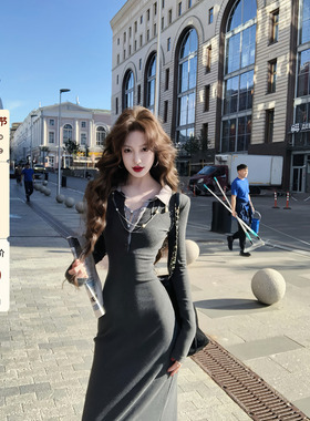 吃绿色菜【细腰陷阱】polo领蕾丝假两件修身针织连衣裙