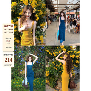 吃绿色菜【超模1.0】肯豆法式方领褶皱收腰显瘦气质吊带连衣裙女