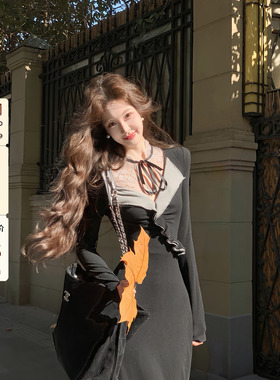 吃绿色菜【贝蒂小姐 新品】法式蕾丝蝴蝶结系带收腰针织连衣裙