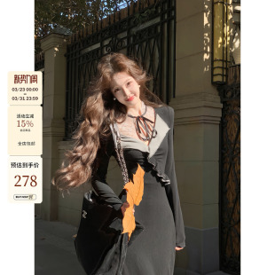 法式 新品 蕾丝蝴蝶结系带收腰针织连衣裙 贝蒂小姐 吃绿色菜