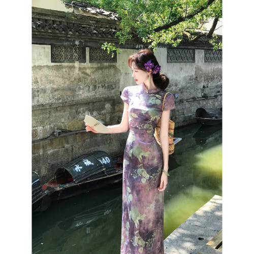 吃绿色菜提花新中式旗袍连衣裙