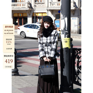 吃绿色菜 千金风黑白格纹显瘦双面呢短外套 留洋千金
