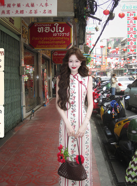 吃绿色菜【南洋玫瑰】手工门襟 新中式改良旗袍复古无袖连衣裙女