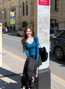 吃绿色菜【美白滤镜】显白弹力修身V领针织打底长袖T恤