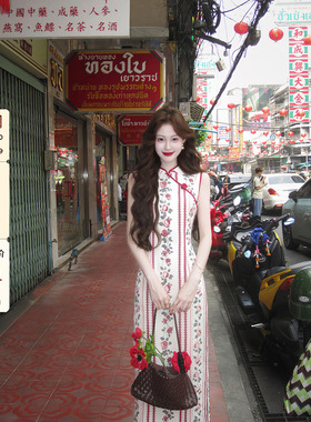 吃绿色菜【南洋玫瑰】手工门襟 新中式改良旗袍复古无袖连衣裙女