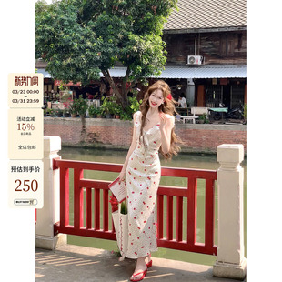 荷叶边绑带收腰显瘦波点吊带连衣裙女夏 法式 吃绿色菜 芝士樱桃