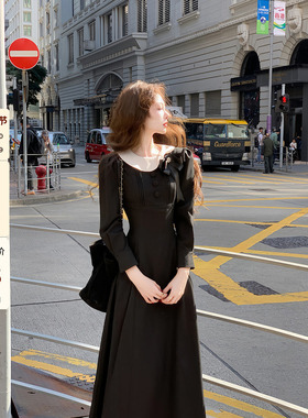 吃绿色菜【佩茨少女】法式复古赫本风泡泡袖撞色拼接收腰连衣裙女