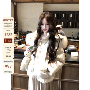 吃绿色菜【绒雪 圣诞新品】韩系狐狸毛领90白鸭绒短款羽绒服外套