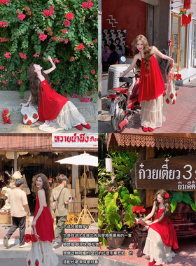 1套立减30元【微醺甜桃】纯欲挂脖度假风红色飘逸连衣裙短裙女夏