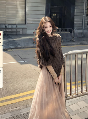 吃绿色菜【京都贵女】古早感兔毛三角外搭针织斗篷披肩