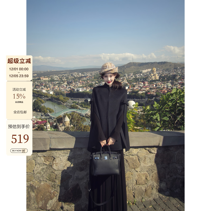 吃绿色菜【幸子小姐 双11新品】千金风蝴蝶结斗篷羊毛双面呢外套