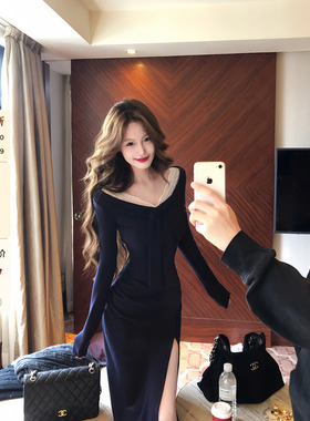 吃绿色菜【安妮心事】法式复古设计感蕾丝拼接系带v领开叉连衣裙