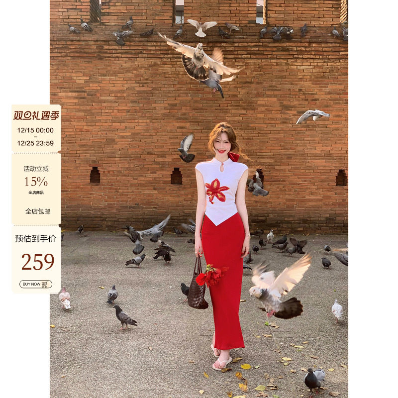 新中式du家手绘红色印花T恤半裙