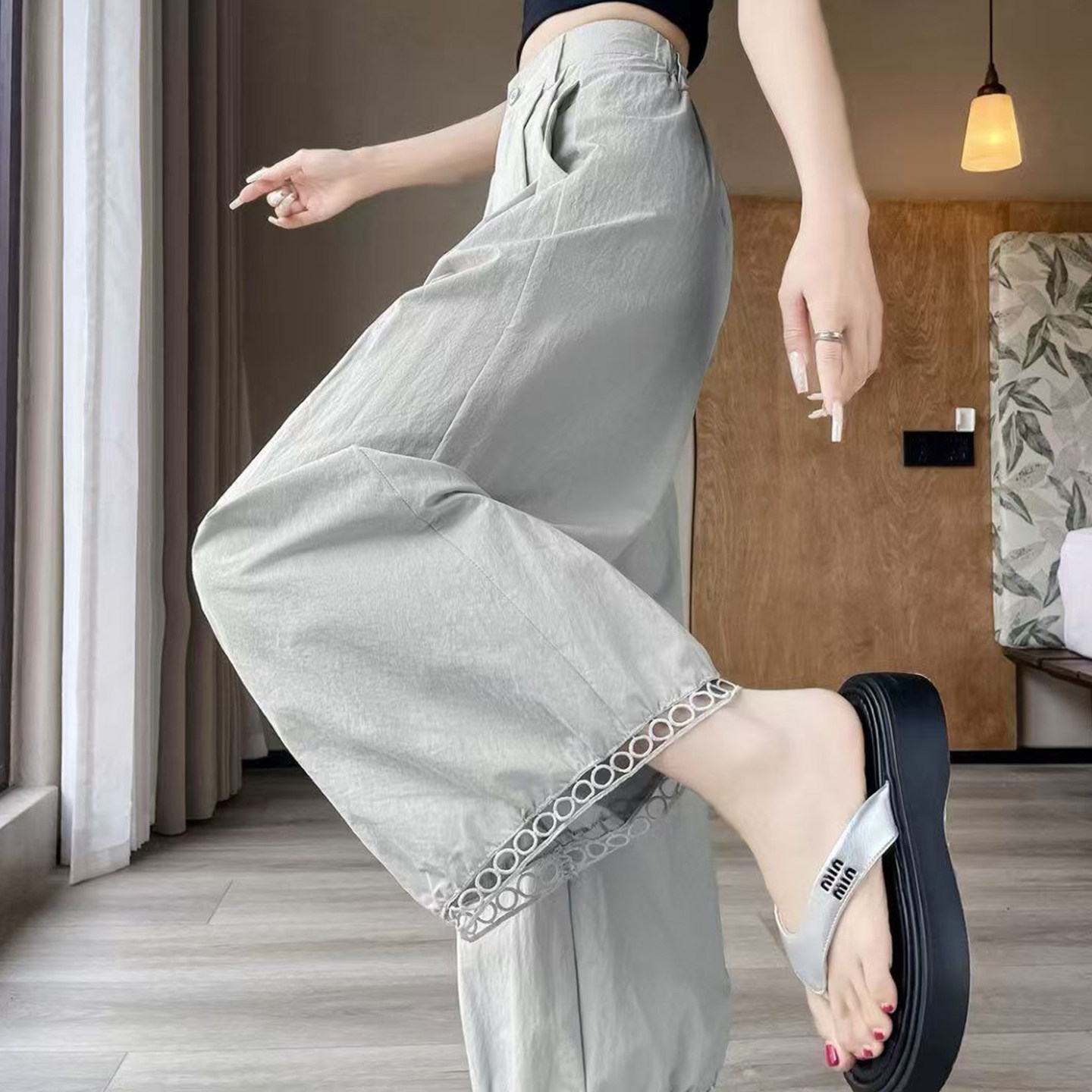 夏季冰丝高腰显瘦花苞灯笼裤花边灯笼裤女宽松九分时尚休闲阔腿裤