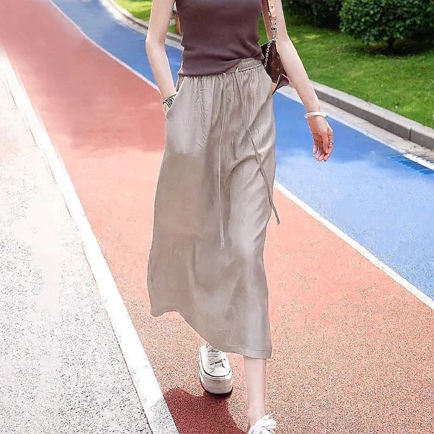 醋酸薄款缎面系带半身裙夏季新款高腰显瘦遮肉垂感气质中长款裙子