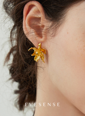 EVESENSE中古感复古肌理鸢尾花耳环金色高级小众设计925银针耳饰