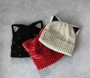 暖暖/Ca4la羊毛/ 可爱猫咪网纱造型毛线针织帽 秋冬保暖