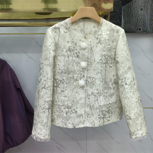 新中式 风花朵印花欧根纱边圆领四粒扣轻奢小香风外套女
