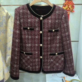 商场同款 2026夏季 妈妈中年圆领毛呢短外套女金扣撞色边气质上衣