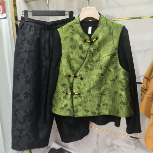 套裤 新中式 妈妈女装 国风三件套气质复古套装 风刺绣盘扣马甲女春季