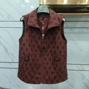 菱格纹翻领拉链马甲女无袖 休闲马夹酒红色显瘦坎肩厂家直销