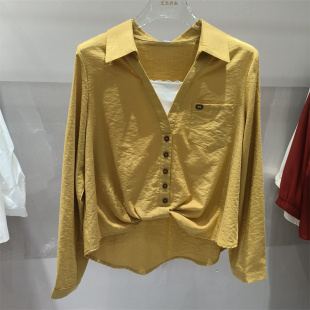 女黄色纽扣百搭显瘦上衣通勤穿搭女装 时尚 衬衫 假两件长袖 韩版