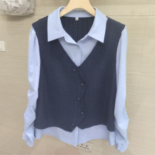 翻领百搭叠穿背心 中年妈妈学院风针织马甲假两件衬衫 2026春季 新款