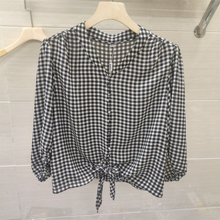 时尚 女装 V领格子宽松套头雪纺衫 上衣小衫 2026新款 专柜正品 春季