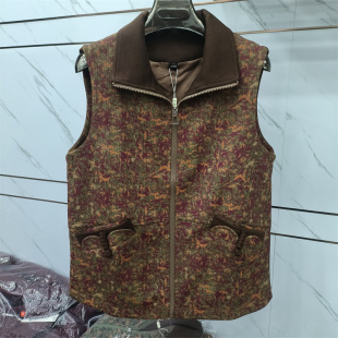 复古风翻领拉链马甲女无袖 印花马夹外套休闲百搭坎肩厂家直销