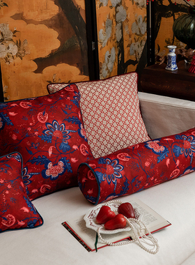 美式抱枕沙发靠垫靠枕腰枕红色高级感轻奢复古羊毛床头靠背扶手枕