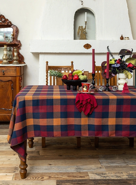 DMHome圣诞桌布美式复古红色格子新年长方形餐桌布艺节日氛围台布