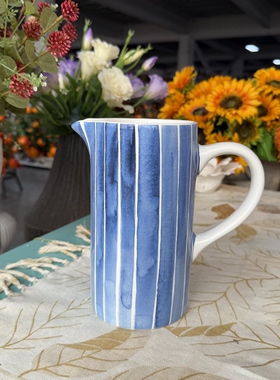 蓝色条纹古典陶瓷花瓶 中古风插花瓶 家居装饰品摆件 花器