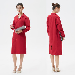 纯棉红色大褂实验服工作服长袖食品工厂化学实验室石油加油站工装