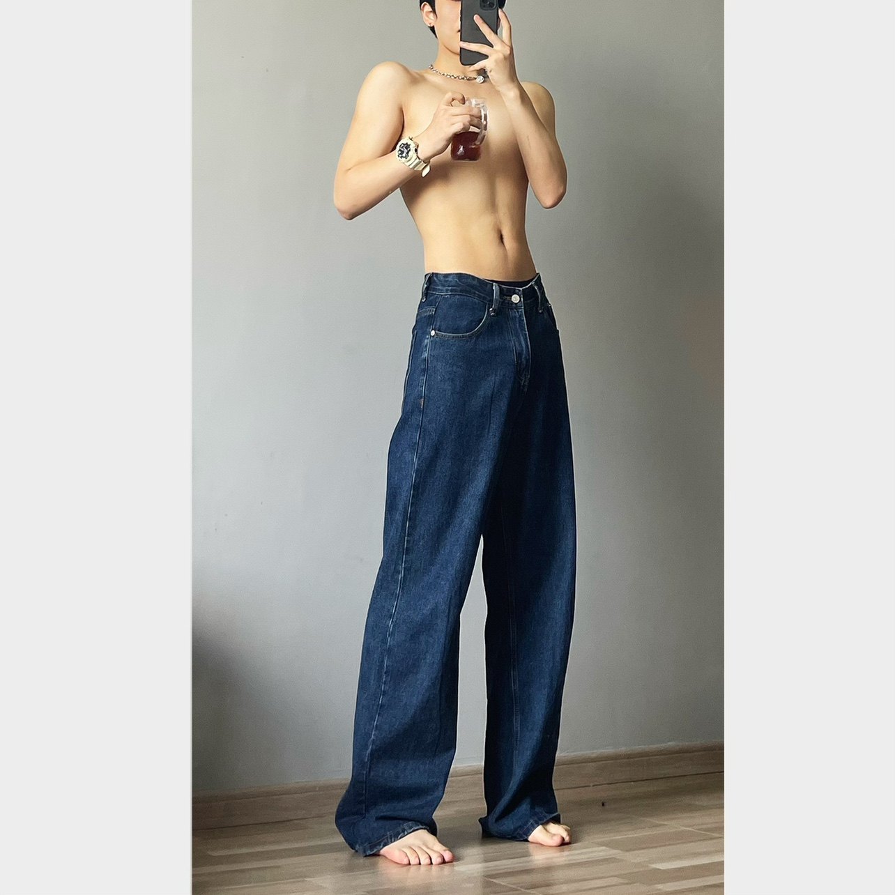 SHR潮百万拖地牛仔裤高腰男女长裤拉链深蓝色中性风百搭显瘦男裤