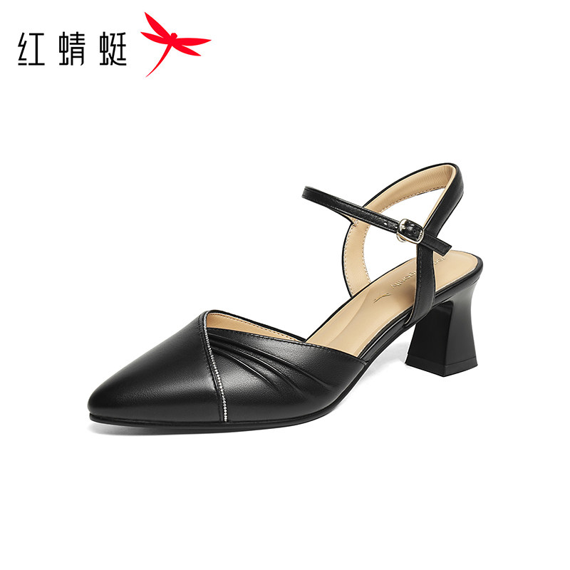 红蜻蜓女鞋新款时尚包头凉鞋女粗跟真皮高跟鞋法式气质后空单鞋