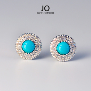 新款天然高瓷蓝松石女耳钉S925银镀黄金绿松石耳饰简约风女友礼物