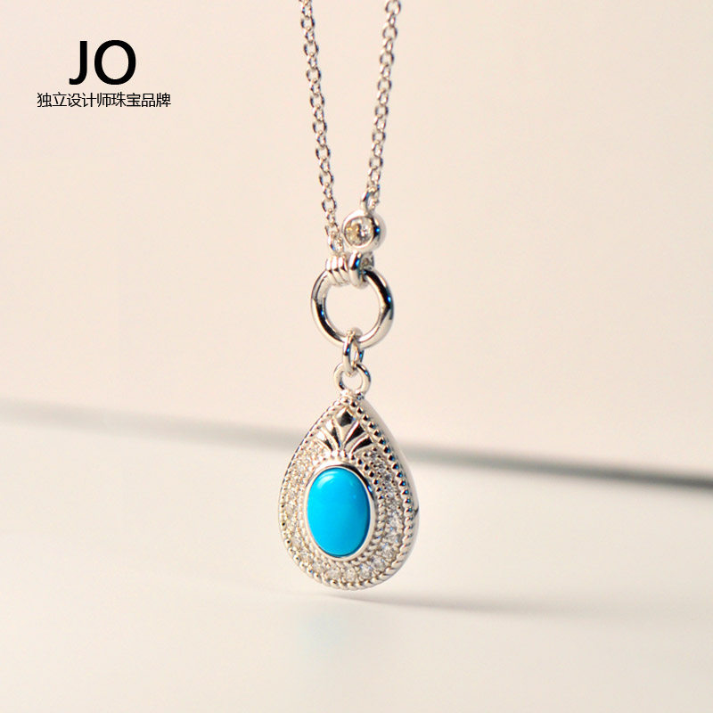 天然高瓷高蓝睡美人绿松石项链女纯银镶钻水滴形吊坠精致轻奢颈饰