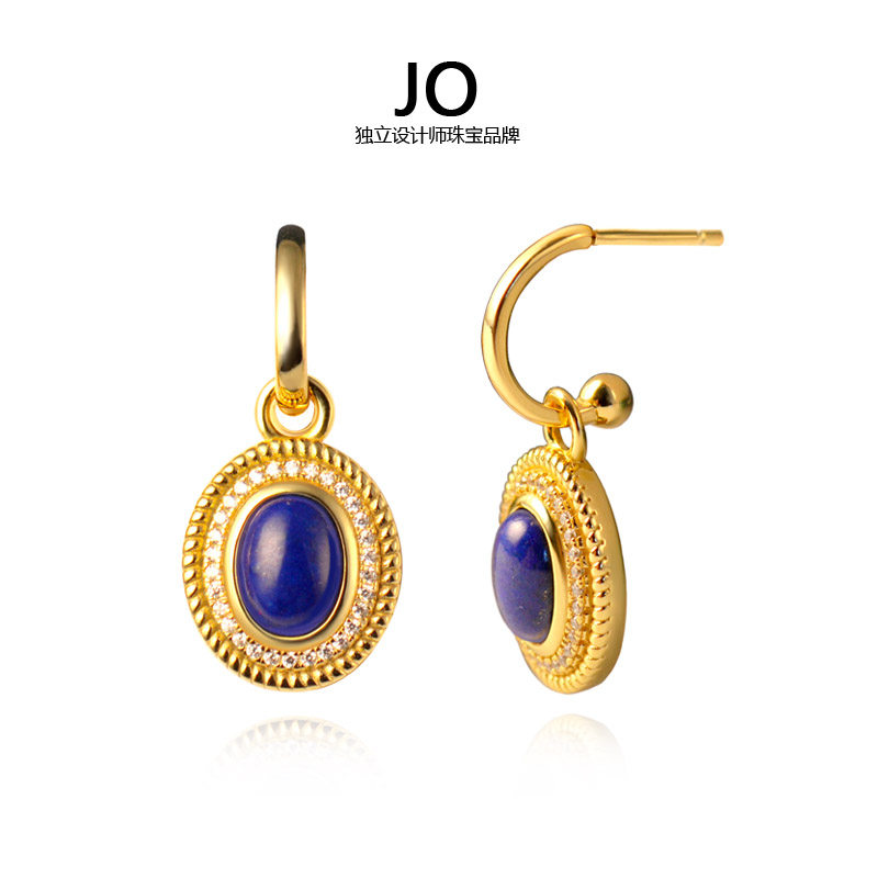 新款可拆换耳钩天然青金石女耳环纯银镀真金商务OL耳饰送女友礼物