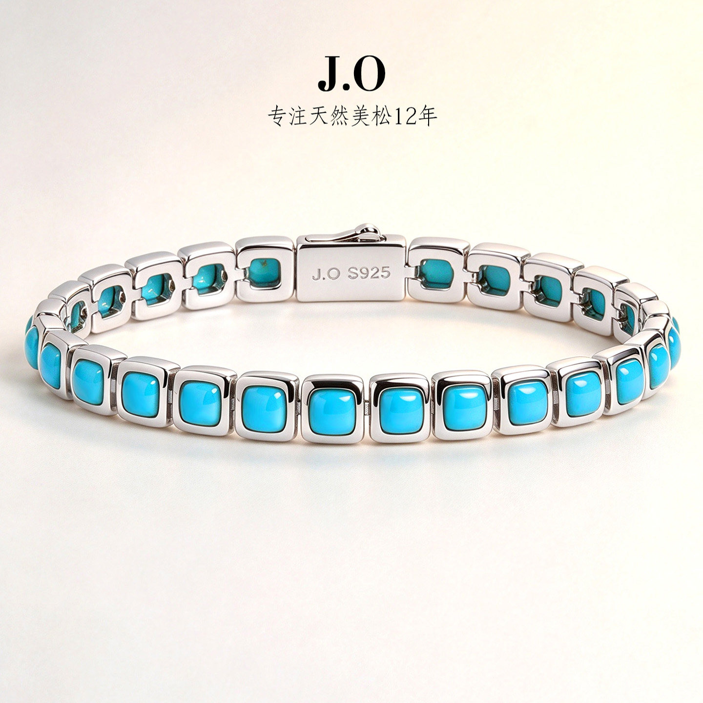 方形天然高瓷高蓝美松手链女纯银镀金绿松石手环时尚简约重工手饰