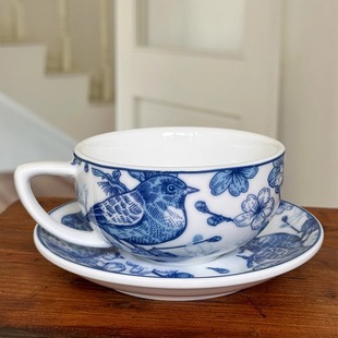 司墨陶艺新中式景德镇陶瓷杯碟套装拿铁咖啡杯青花釉下彩拉花杯